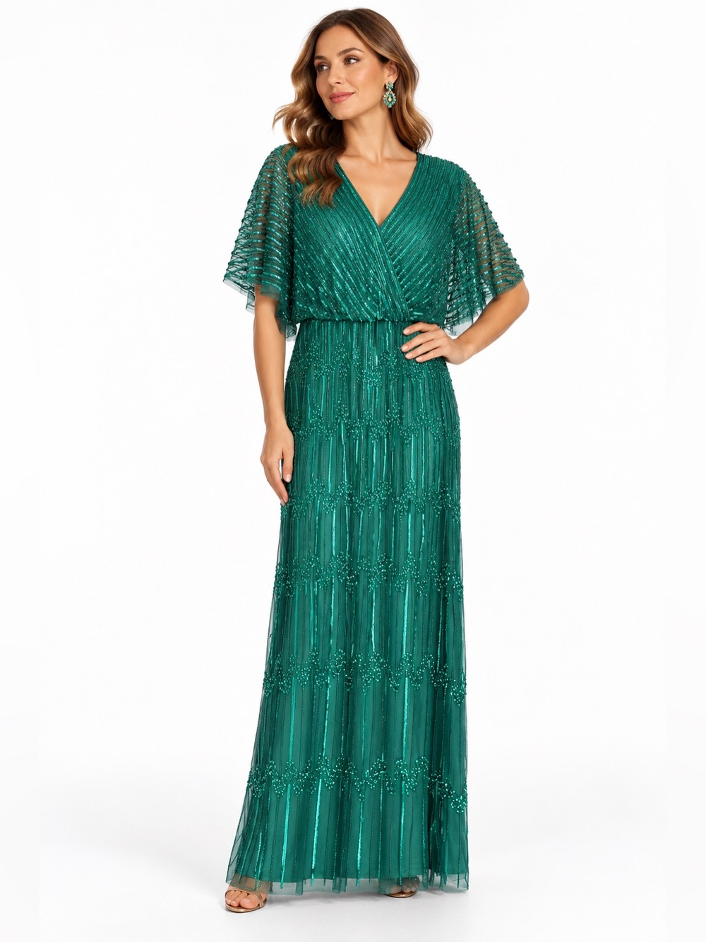 NWT Adrianna Papell Jungle Green Beaded Sequin Evening Gown Size 14